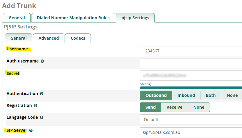 Trunk Authentication Details